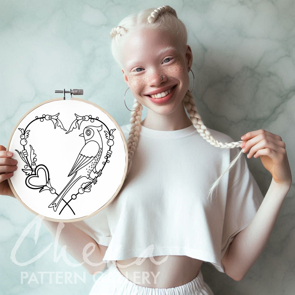 Bird Hand Embroidery pattern, Floral heart, Blue bird embroidery design, Hand Embroidery, St Valentin embroidery pattern, Diy Craft, Hoop Art