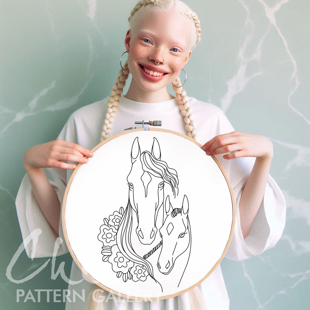 Mare with a foal, hand embroidery pattern. Cute horse portrait. Horse embroidery template. Simple embroidery pattern. Horse digital portrait