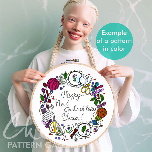 Happy New Year Embroidery Pattern, gift for embroiderer. Botanical Embroidery, Holly and mistletoe, Christmas Holly Bouquet. Winter project