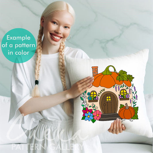 Cottage Hand Embroidery Template, Cottagecore Embroidery Pattern, Home Embroidery Pattern. Pumpkin House Embroidery Pattern