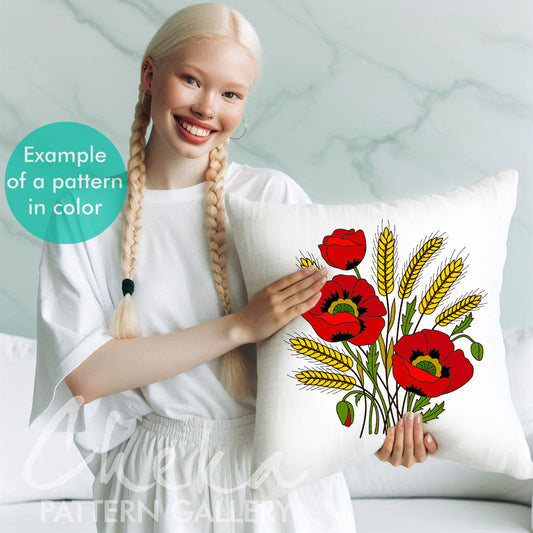 Red poppies and Wheat embroidery pattern. Beautiful hand embroidery pattern with summer flowers. Red poppy embroidery pattern, wheat design