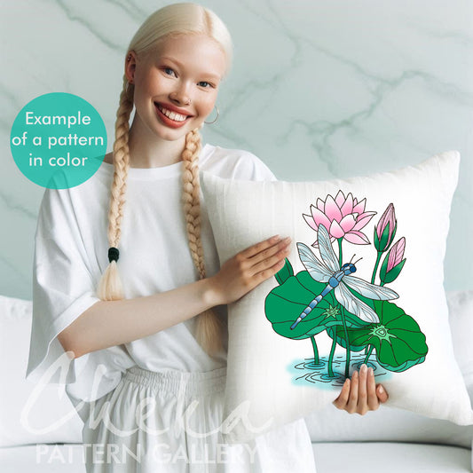 Dragonfly and water lilies, hand embroidery pattern. Pink lilies, hand embroidery design. Blue dragonfly with flowers. Embroidery scheme PDF