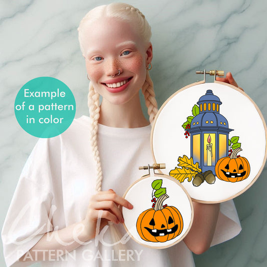 Night lantern, hand embroidery pattern, Halloween embroidery pattern. Candles, pumpkins and ghosts. Night lantern pattern, spooky hoop art