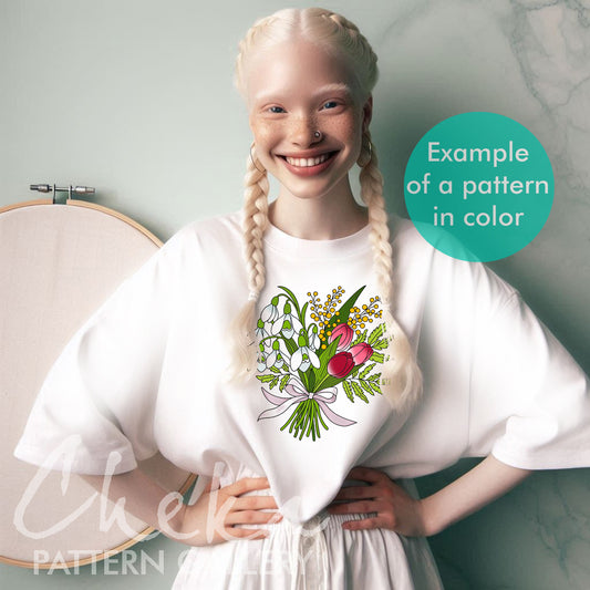 Spring embroidery pattern, Easter flowers. Hand embroidery pattern, Bouquet with tulips, snowdrops and mimosa. Easter embroidery template PDF