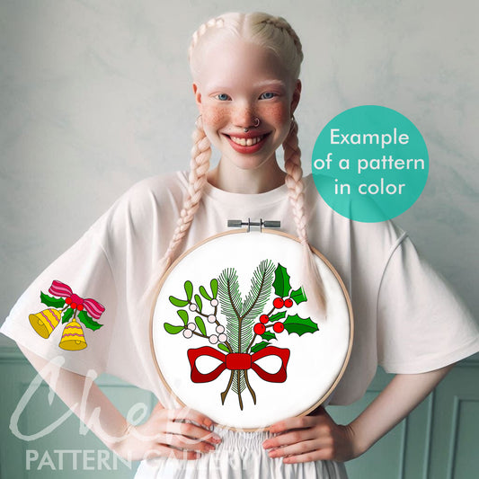 Christmas embroidery set, Holiday Ornament BUNDLE, set of 3 pdf template, Christmas hand embroidery pattern with holly & bell, Holiday craft