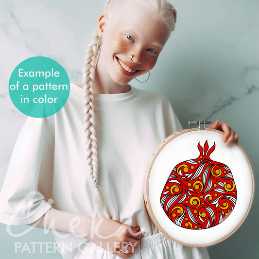 Pomegranate, hand embroidery design. Floral Embroidery, Big pomegranate embroidery pattern, Red Pomegranates embroidery, autumn embroidery