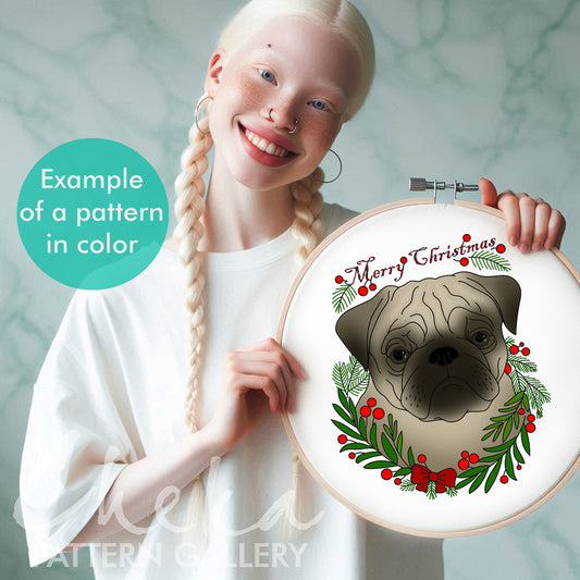 Christmas Pug hand embroidery pattern with pug, dog lover gift. Pet portrait, scheme for hand embroidery with cute holiday pug portrait