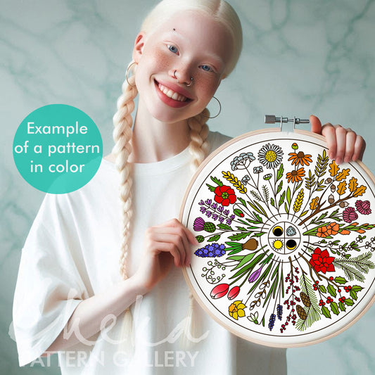 Phenology wheel pattern, calendar to embroider the seasons, seasonal flowers embroidery. All seasons flowers phenology wheel templates 2025
