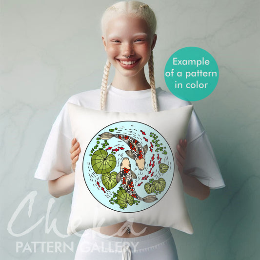 Koi Carp in the pond, Japanese carp, digital embroidery pattern, koi & water lily, water lilies and fish, Hand embroidery pattern PDF