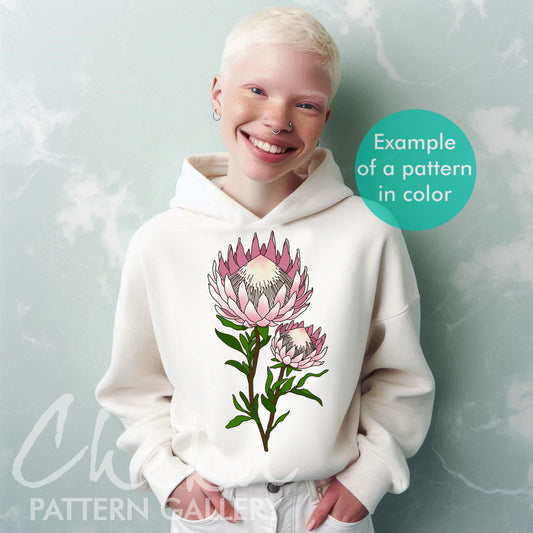 Protea with a bud. Pink protea. A large protea flower, digital hand embroidery pattern. Floral Embroidery Pattern, floral embroidery pattern