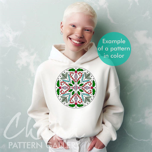 Winter Embroidery Pattern. Snowflake, candies and holly hand embroidery pattern, Christmas embroidery pattern. Winter Hand Embroidery Design