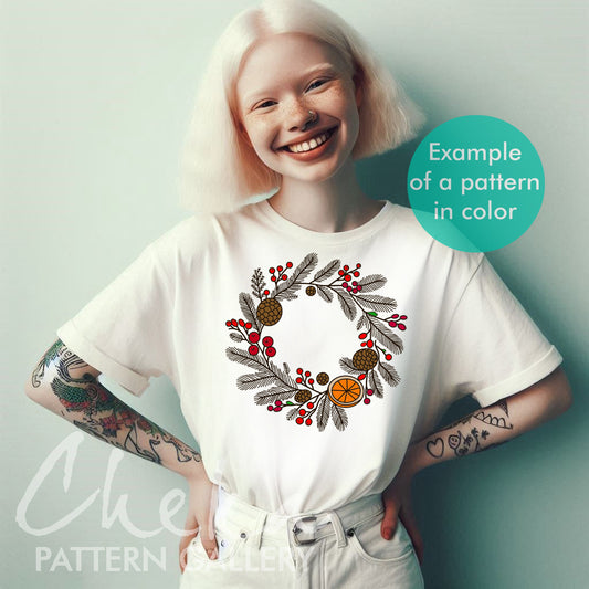 Christmas wreath hand embroidery pattern. Christmas wreath with berries and cones. Hand embroidery, digital download. Christmas home decor