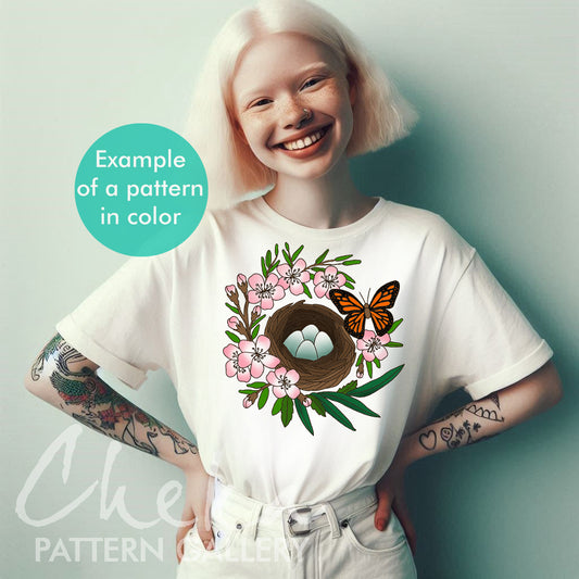 Spring embroidery, bird's nest. Hand embroidery pattern with butterflie, blossom and bird's nest. Easter story, embroidery template,Hoop art