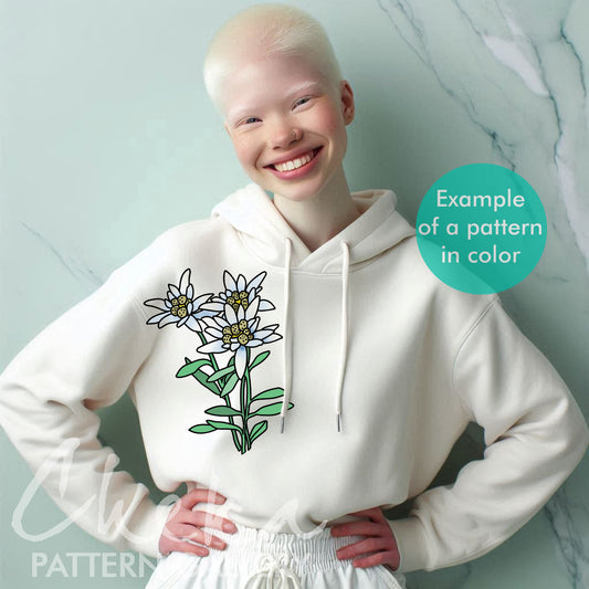 Edelweiss hand embroidery pattern. Edelweiss design, beautiful mountain flower. Botanical embroidery. Austrian Folk embroidery designs