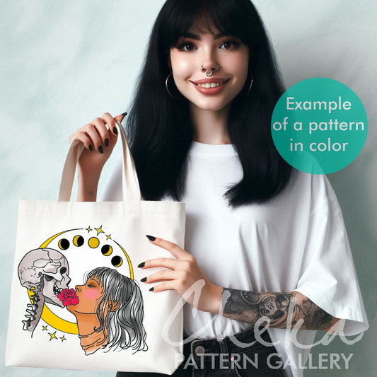 gothic shopper, Halloween embroidery, Scary embroidery. Gothic embroidery pattern, Skull Pattern, Girl with skull. The Kiss of Death, hand embroidery pattern.