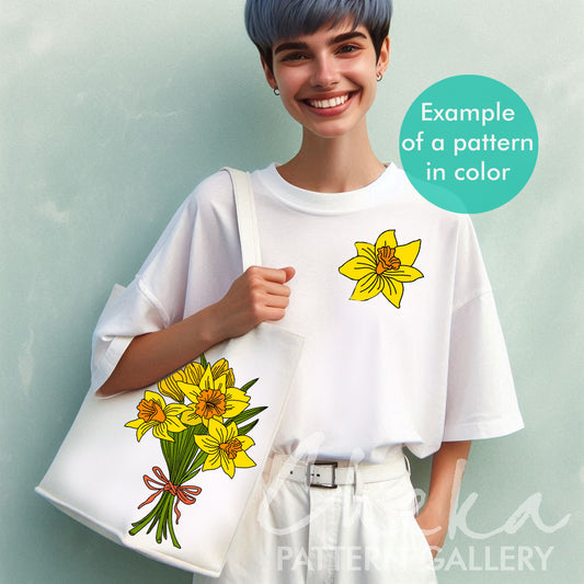 Yellow narcissus, digital hand embroidery pattern. Floral Embroidery Pattern, Daffodils, Bouquet of daffodils, spring embroidery template