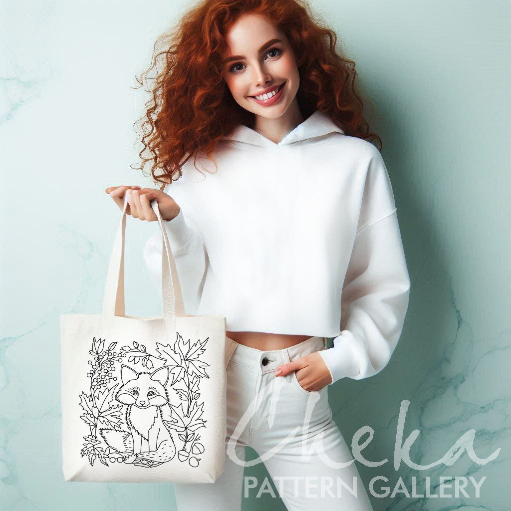 Fox among leaves pattern. Cute baby fox, hand embroidery pattern. Fox pattern, forest animal portrait. Fox lover gift, embroidery pattern