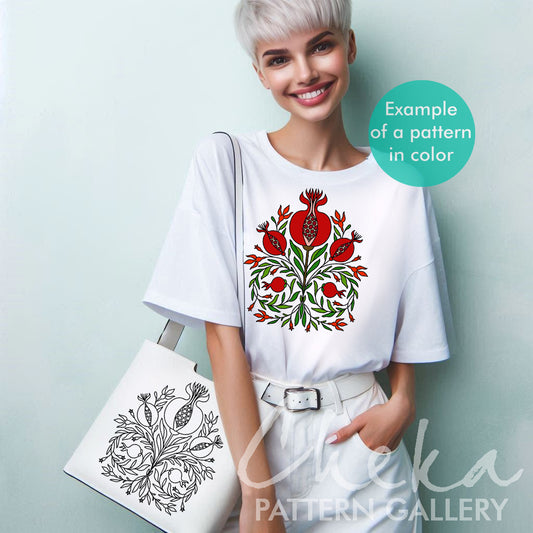 Pomegranate, Floral Embroidery, pomegranate embroidery design, Hand Embroidery, Red Pomegranate embroidery pattern, Modern hoop art