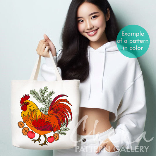 Red rooster, the symbol of France. Colorful Rooster Hand Embroidery Pattern, Instant Download, modern art. Cockerel hand embroidery pattern