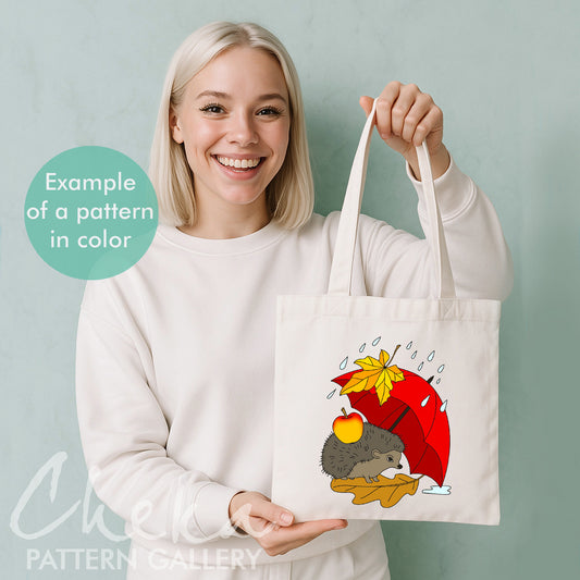 Hedgehog And an umbrella, Satin Stitch Pattern PDF, Fall design, beginner embroidery, Modern craft, Needlepoint pattern, Easy DIY