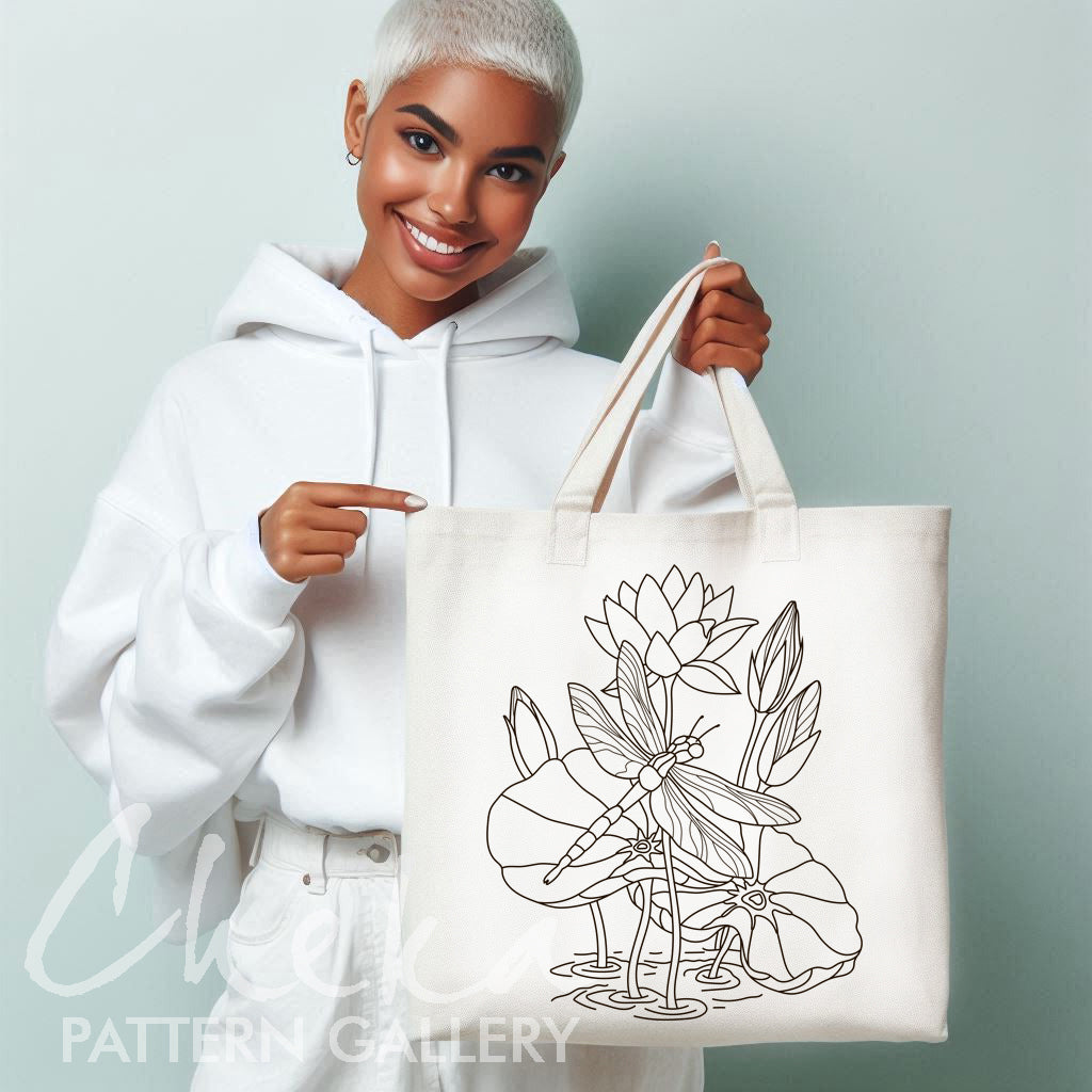Dragonfly and water lilies, hand embroidery pattern. Pink lilies, hand embroidery design. Blue dragonfly with flowers. Embroidery scheme PDF