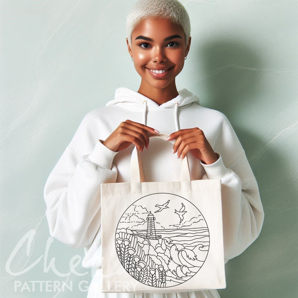 Lighthouse embroidery pattern, pdf embroidery pattern, Modern Sea Art, Home Decor, Summer Landscape, Ocean Waves, Coastal Decor,Summer Craft
