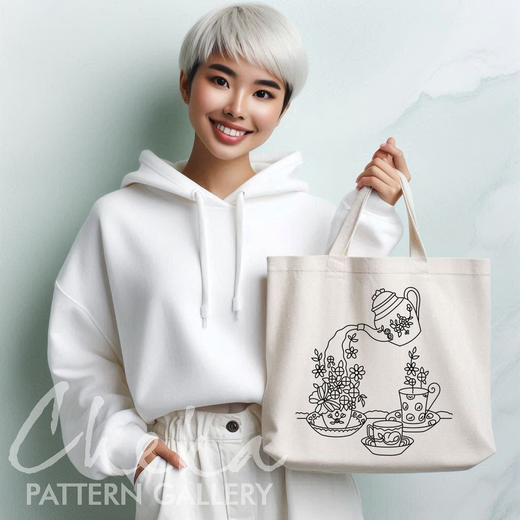 Teapot with flowers, Hand Embroidery Template, Tea ceremony, tea set Embroidery Pattern PDF, Spring Hand Embroidery Pattern, Beginner craft