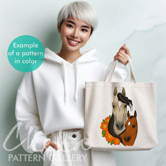 Mare with a foal, hand embroidery pattern. Cute horse portrait. Horse embroidery template. Simple embroidery pattern. Horse digital portrait