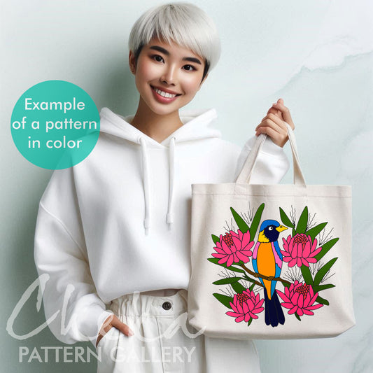 Bird embroidery pattern, Tiny Bird Hand Embroidery Pattern, PDF Download, Floral ornament, Modern Hoop Art. Bird among tropical flowers