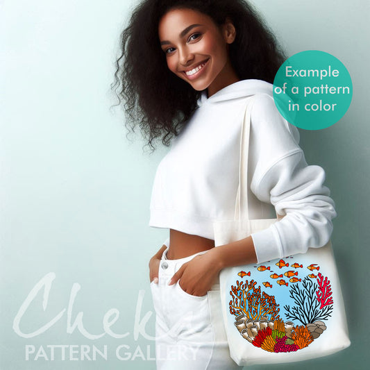 Honeycomb coral, stylophora, staghorn coral. Hand Embroidery PDF, coral reef, tropical aquarium, summer embroidery.Tropical sea fish pattern