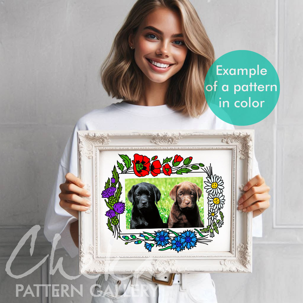 Photo frame pattern, hand embroidery pattern with summer flowers, handmade photo frame, digital embroidery pattern PDF. Nature Embroidery