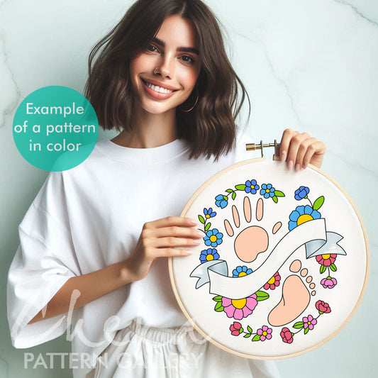 Pregnancy hoop art. Baby's feet and hand, embroidery pattern. Baby feet with flowers, newborn gift, Personalized gift for the newborn's mom