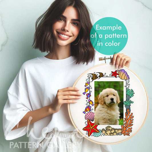Marine Photo Frame, hand embroidery pattern with sea shells, DIY photo frame, handmade embroidered frame,digital hand embroidery pattern PDF