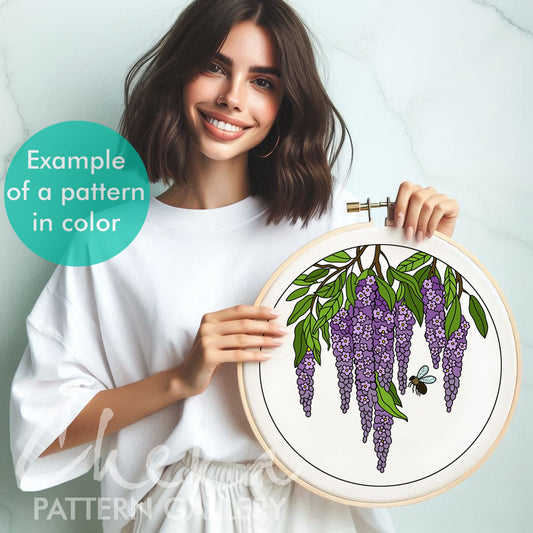 Wisteria, hand embroidery pattern. French knot embroidery pattern, Cottagecore Embroidery Pattern, Floral Embroidery Pattern PDF, summer