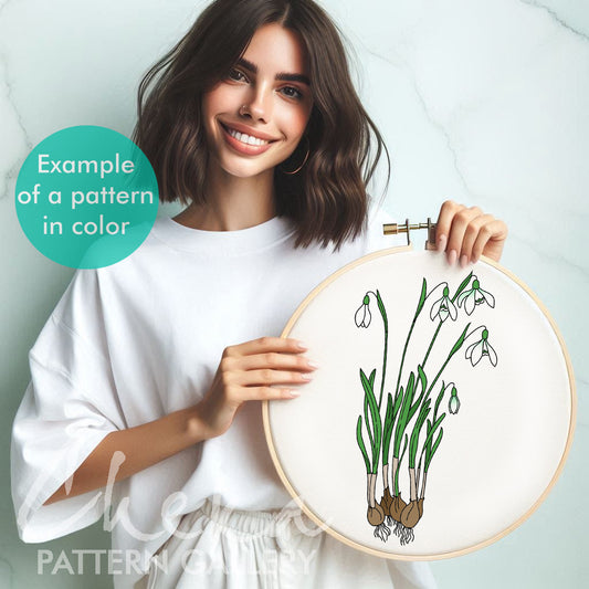 Snowdrops, hand embroidery pattern. Botanical embroidery, primroses. Bouquet of spring flowers, beginner embroidery.Spring embroidery design