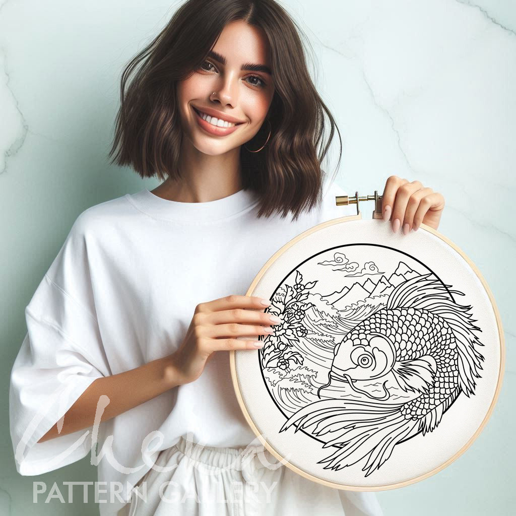 Koi Fish Embroidery, Fish Embroidery Template. Koi Fish Embroidery Pattern, PDF Download Hand Embroidery. Japanese embroidery design PDF