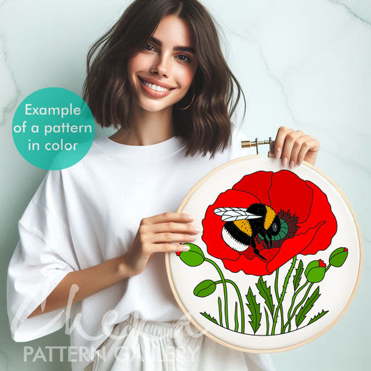 Red poppie and the Bumblebee. Beautiful hand embroidery pattern. Summer flowers, Poppies embroidery pattern PDF, Bumblebee embroidery design