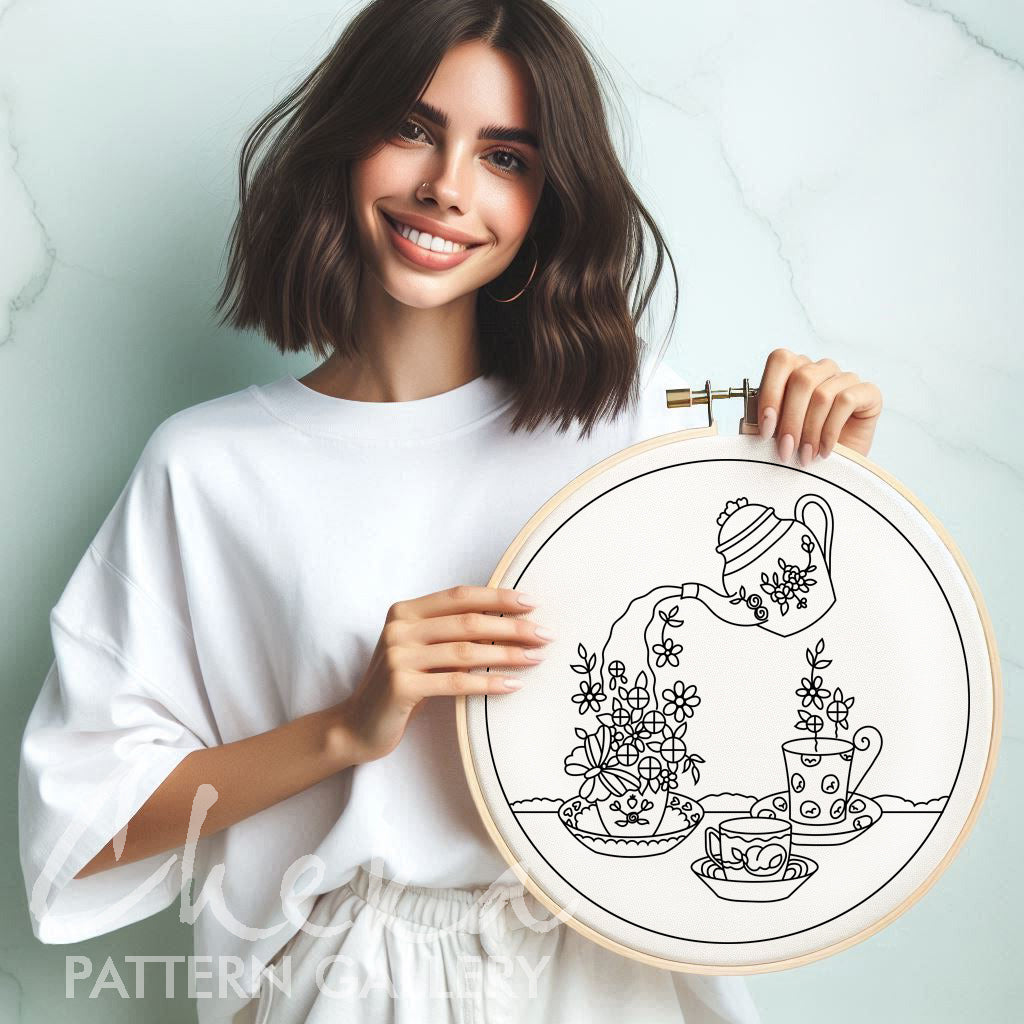 Teapot with flowers, Hand Embroidery Template, Tea ceremony, tea set Embroidery Pattern PDF, Spring Hand Embroidery Pattern, Beginner craft