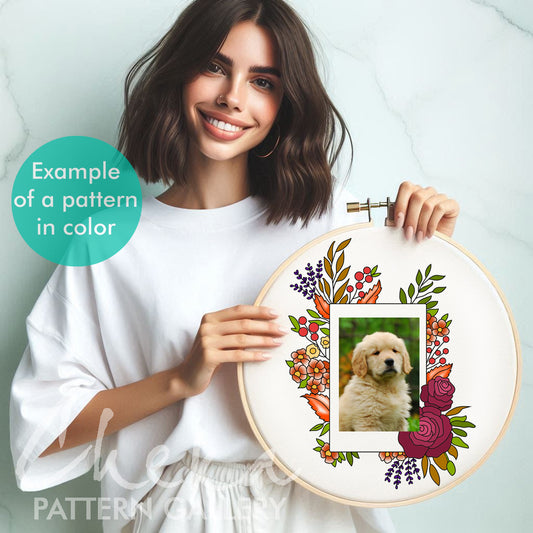 Photo frame, hand embroidery pattern with autumn flowers, handmade embroidered frame, digital hand embroidery pattern PDF. Nature Embroidery