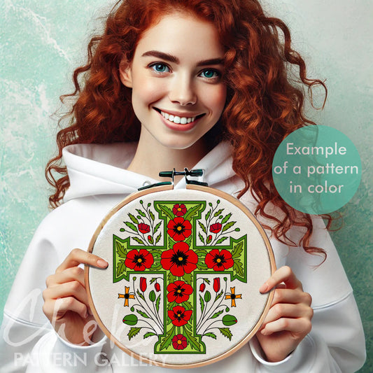 Christian Hand Embroidery, Poppy Cross, Embroidery Pattern PDF, Catholic Religious Floral Cross, Catholic Hand Embroidery. Handmade gift