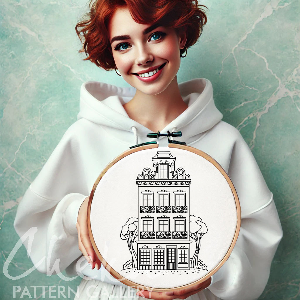 Amsterdam house template, House embroidery pattern, Hand embroidery pattern PDF. Modern hoop art, cute embroidery. Handmade embroidery PDF