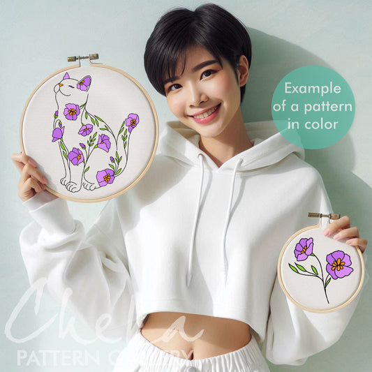 Cat and flowers Hand embroidery pattern, Cat portrait, Embroidery blueprint, Modern Cat Embroidery. Cat lover gift, Beginner embroidery PDF