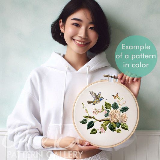 Hummingbird Embroidery Pattern, Floral embroidery, flower & Bird Pattern, Hand Embroidery PDF, Wildlife Embroidery, roses, garden embroidery
