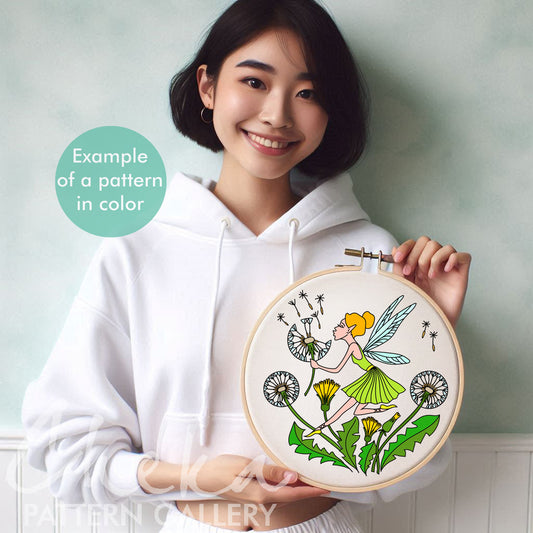 Dancing Fairy with Dandelion Embroidery Pattern. Spring Floral Hand Embroidery Design, blowball embroidery pattern PDF, beginner embroidery