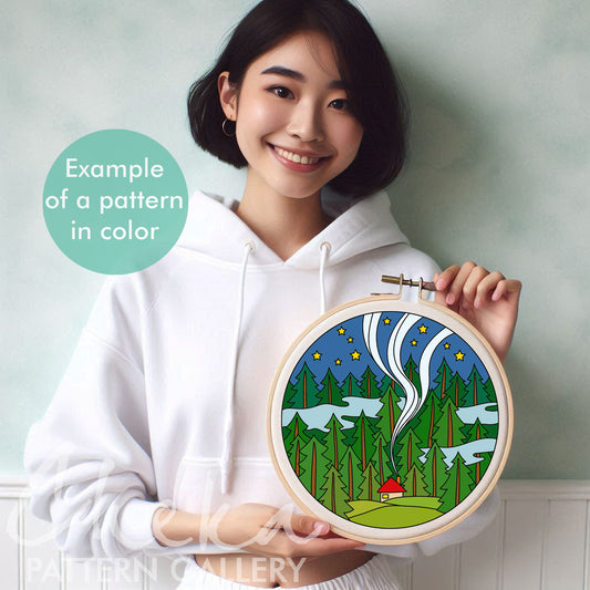 Landscape embroidery pattern, House in the middle of the forest. A cottage in the night forest, Embroidery Pattern PDF, Modern hoop art