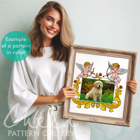 Photo frame, hand embroidery pattern with cupidon, Valentines Day photo frame, handmade embroidery frame, digital hand embroidery pattern