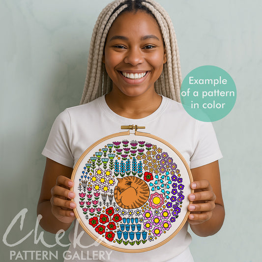 Cat and flowers Embroidery, Modern Cat Embroidery, Cute Cat Embroidery, Cat Lover Gift, spring garden, spring decor, DIY cat portrait PDF