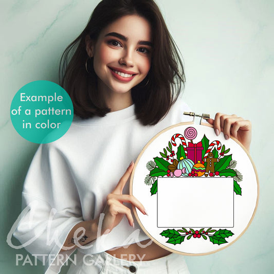 Christmas Photo frame, hand embroidery pattern with decorations and holly, handmade embroidered frame, digital hand embroidery pattern PDF