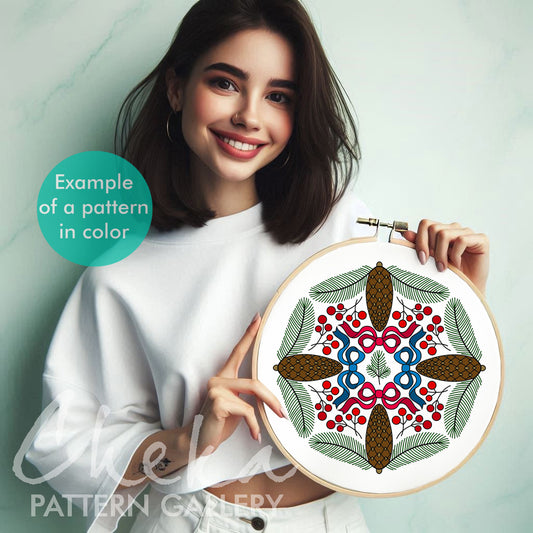 Winter Embroidery Pattern. Pattern with cones, berries and bows, hand embroidery pattern, Christmas embroidery. Winter Hand Embroidery Design