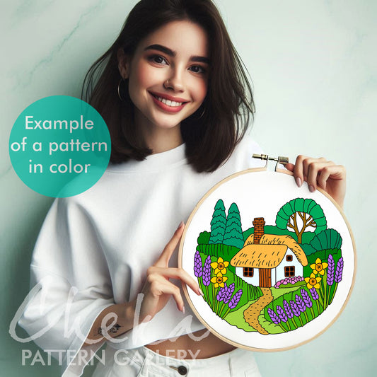 Cottage Hand Embroidery Template, Rural House with lavender PDF, Cottagecore Embroidery Pattern, Home Hand Embroidery Pattern, lavender PDF